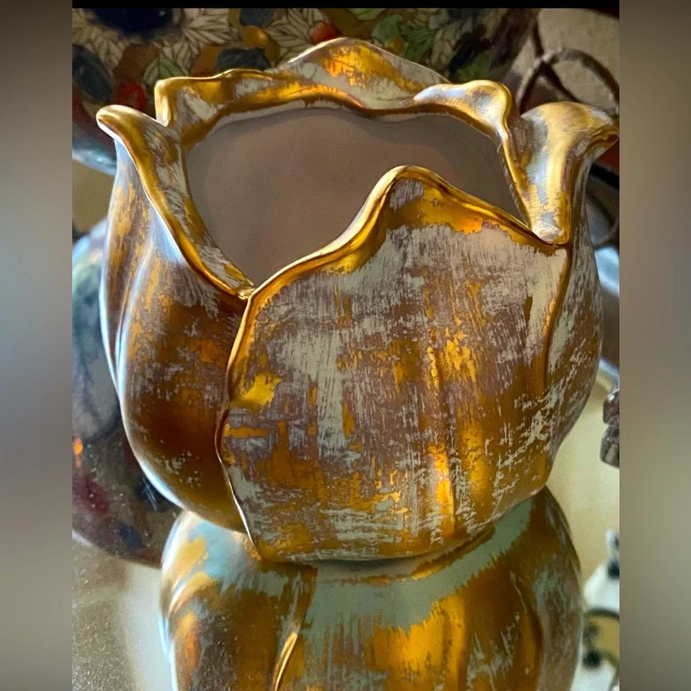 STANGL HAND PAINTED MID CENTURY 22K ANTIQUE GOLD TEA ROSE VASE MADE IN THE USA